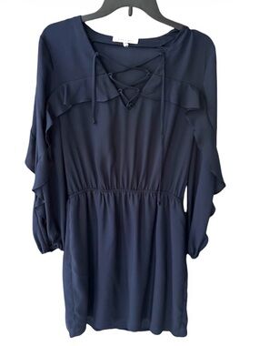 Mika & Gali Navy Lace Up Long Sleeve Dress with Ruffled Detail Size M